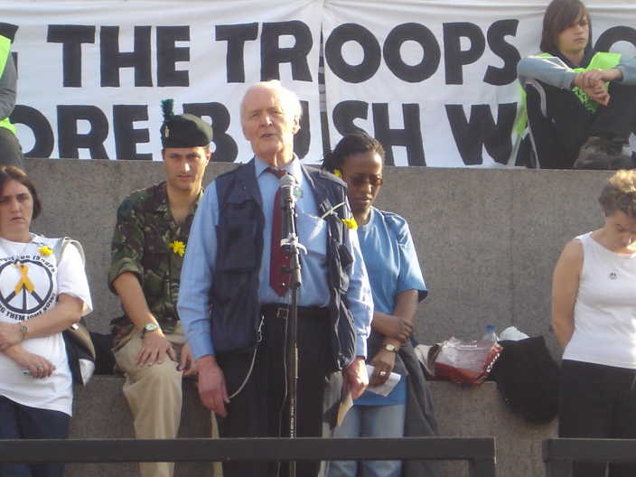 Peace veteran Tony Benn speaks to the crowd in Trafalgar Square