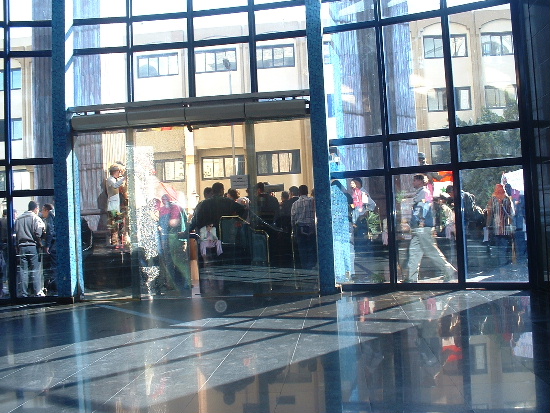 View of the protest from inside the building. Many police outside!