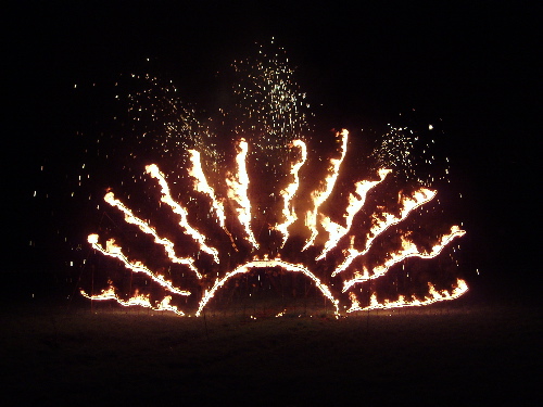 Fire display and fireworks at the end in the park