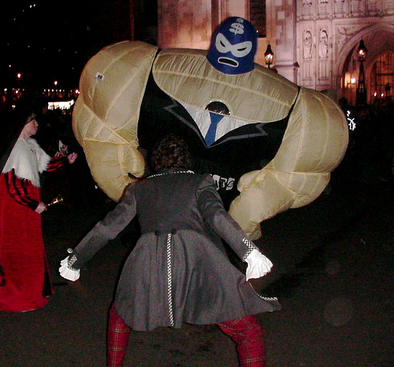 … confronts Corporate Muscle (and his venal supporter, the Dutchess) head on …