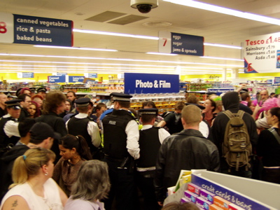 bustling protesters out