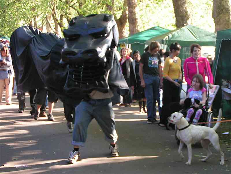 Procession F - white boxer barks at black dragon