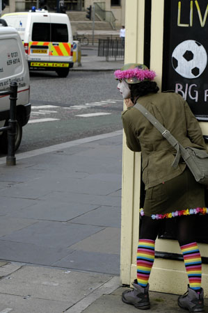 The clowns moved carefully into position