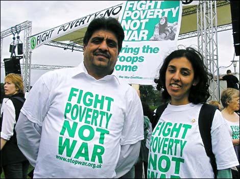 Perviz Khan and Salma Iqbal from Birmingham with Stop the War Coalition T-shirts