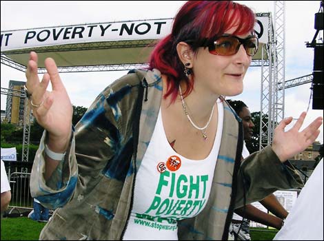 Stop the War Coalition member at a stall during the Make Poverty History rally