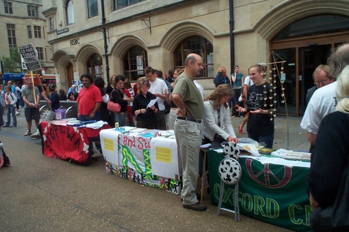 a series of stalls with information on Hiroshima and on nuclear disarmament