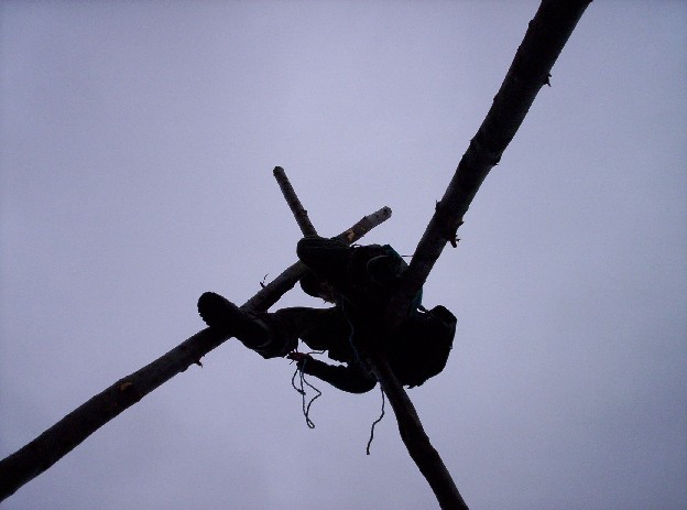 The wooden tripod was twice as high as a Transit van