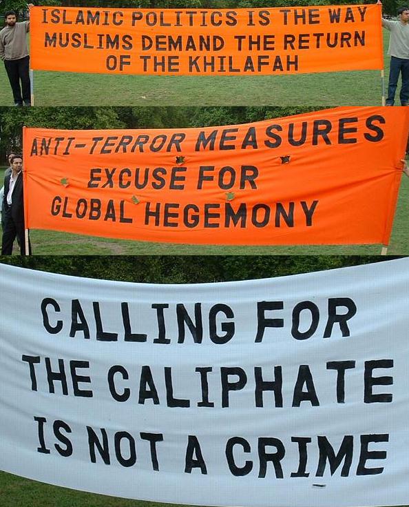 Banners held by supporters of Hizb ut-Tahrir