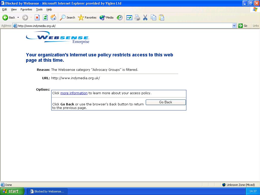 Websense internet filter