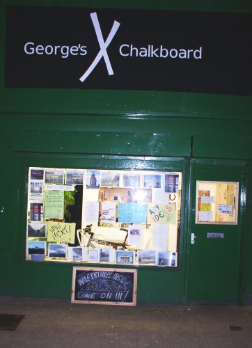 another picture of the front of the Social Centre in rainy dark cold autumn