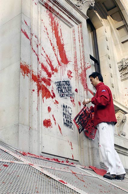 Anti war slogans and fake blood over foreign office