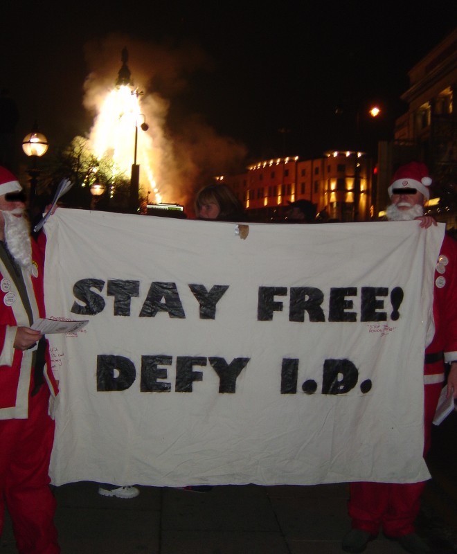 There's fireworks at protest, stay free - defy ID!