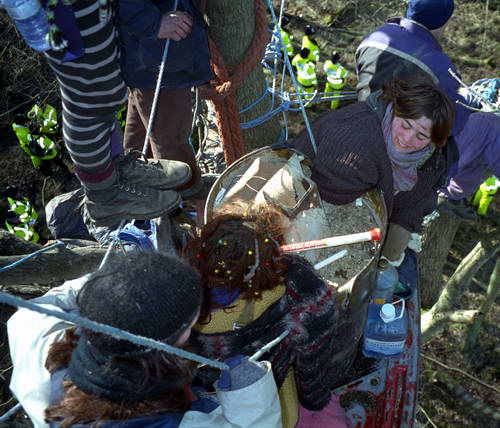 2 Dutch women locked on to a concrete filled drum up rainy view
