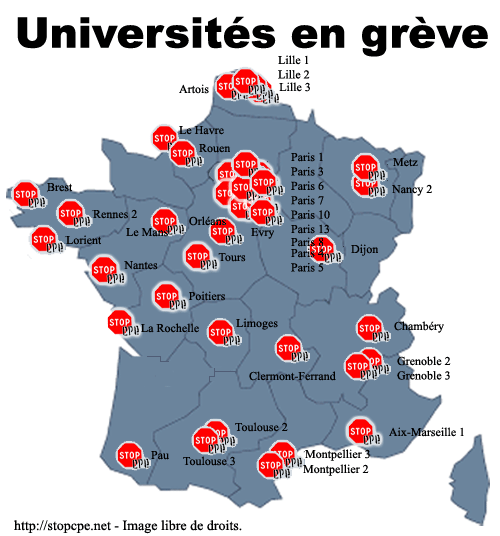 map of occupied and striking universities in France