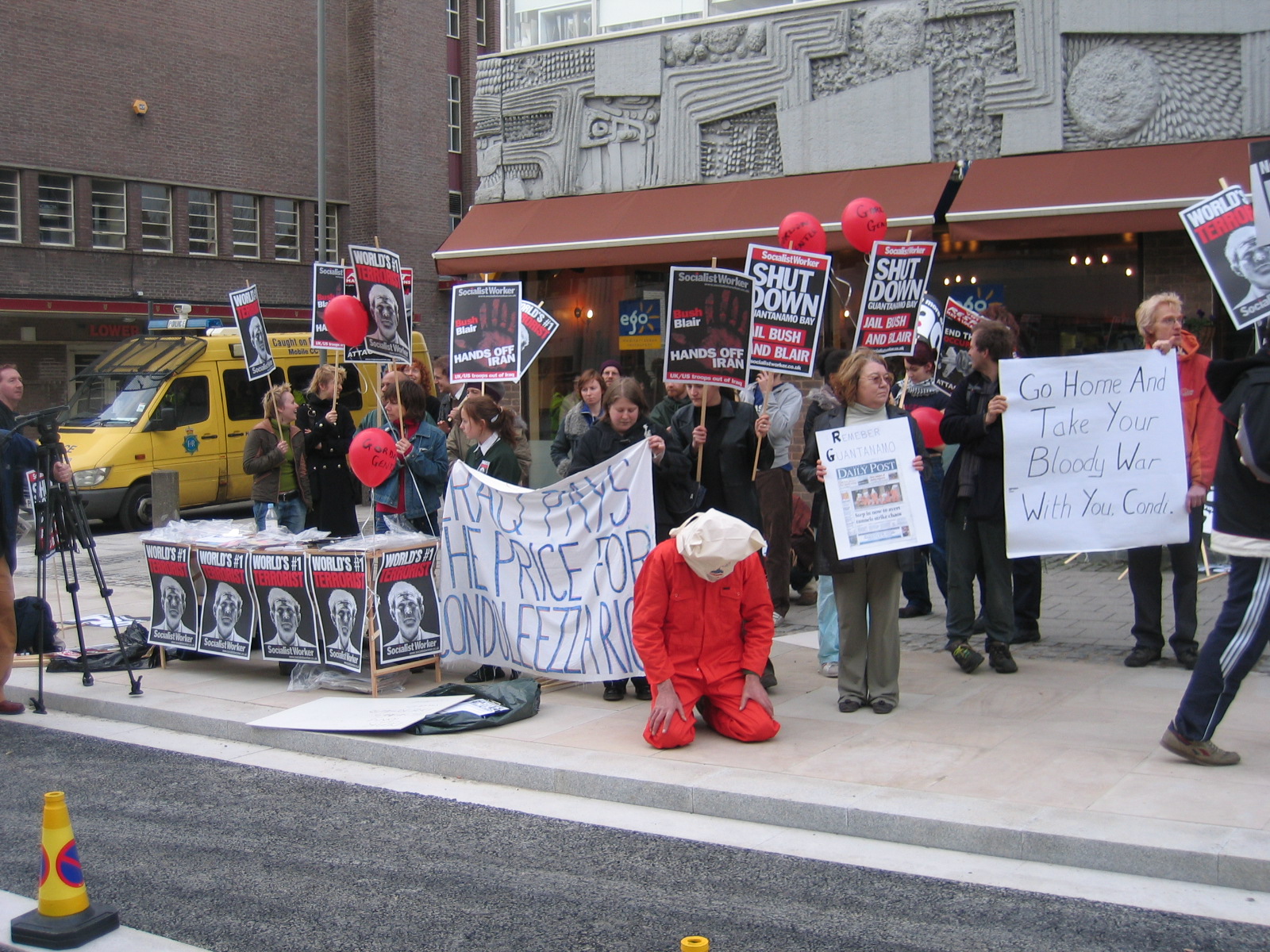 Protests outside Condoleeza Rice's hotel in Liverpool