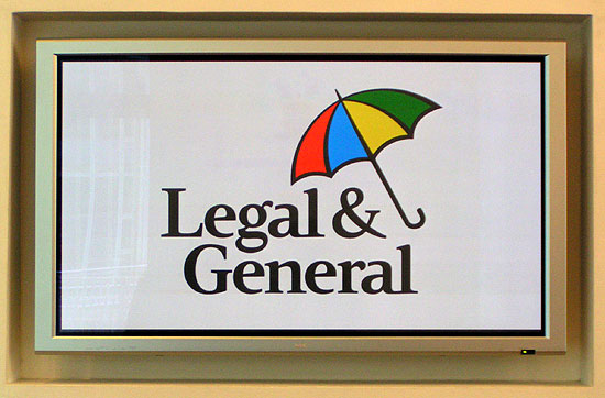 Legal & General On Television Monitor at AGM Plaisterers' Hall One London Wall