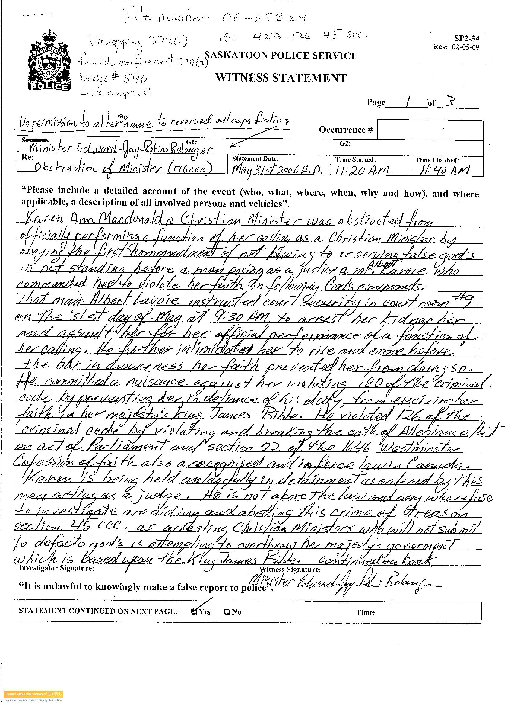 Criminal compalint against Lavoie