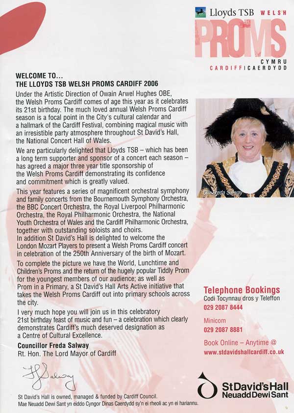 Freda Selway Rt. Hon. The Lord Major of Cardiff Welcomes Lloyds TSB Welsh Proms