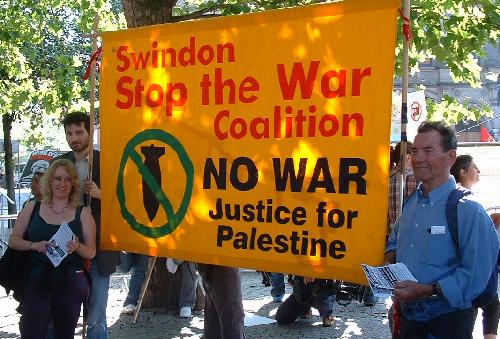 The well-travelled Swindon Stop the War banner