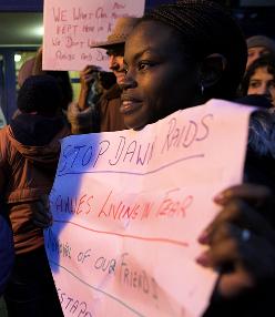 Zahra at early morning vigil against dawn raids in Glasgow
