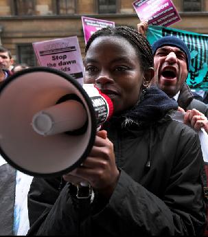 At a protest during Liam Byrne's visit to Glasgow