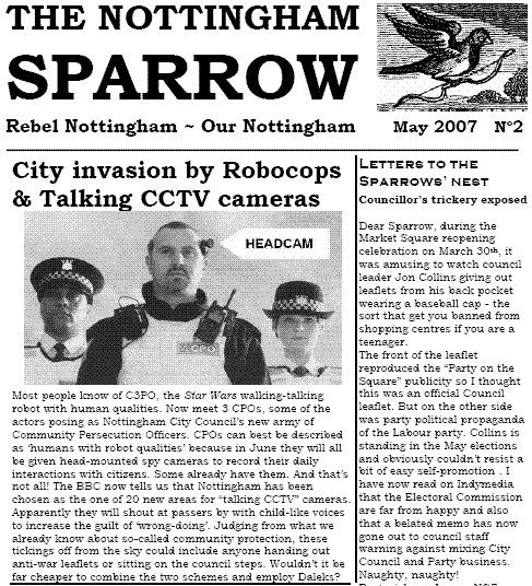 Front page extract from The Nottingham Sparrow no. 2 (May issue)