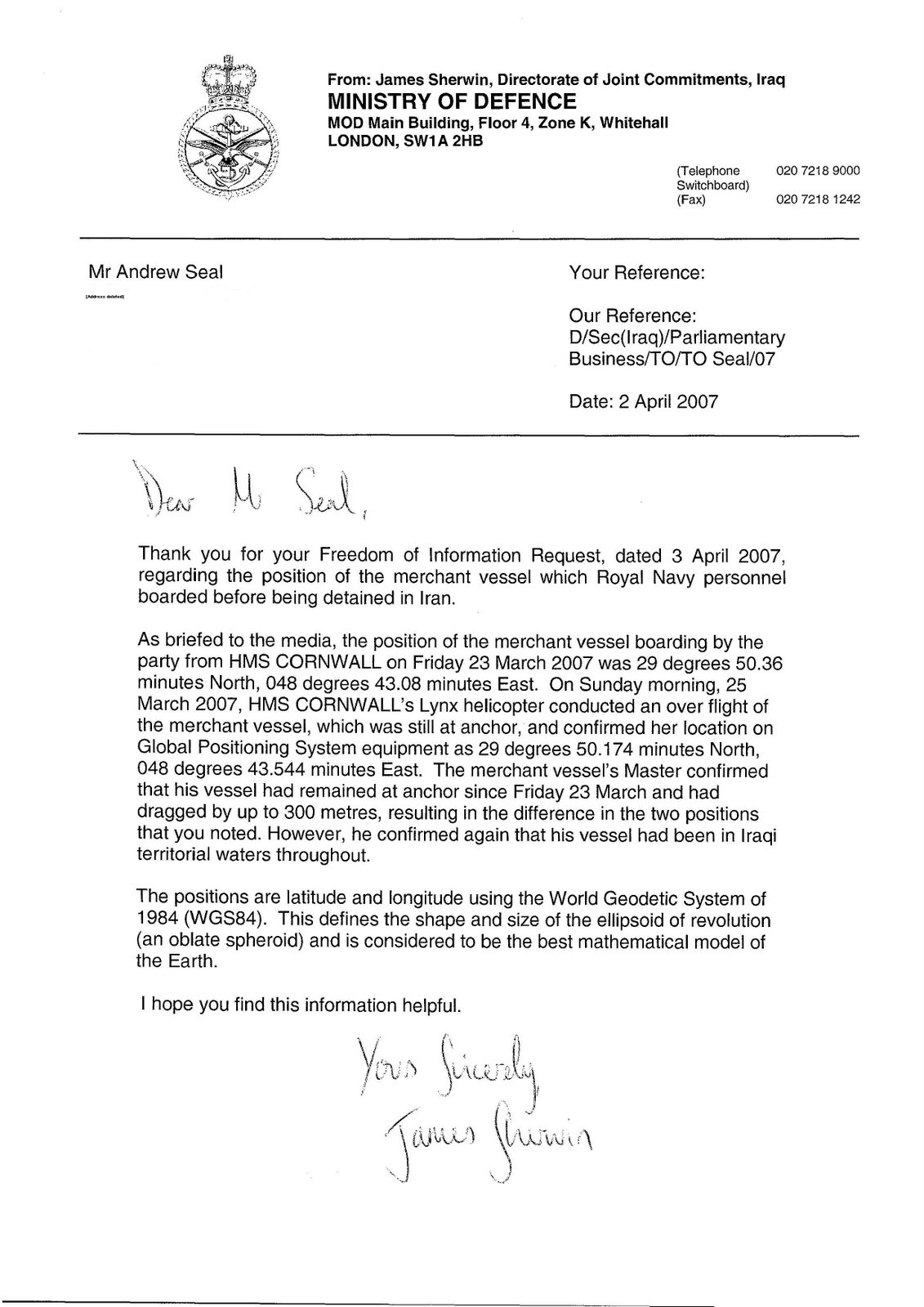 MOD Reply To FOI Request