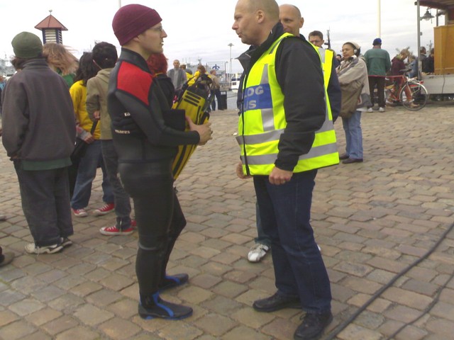 The boys in blue were a bit put out by the frogman