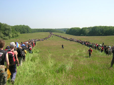 A 'y' shapped view of the crowd crossing a field on the way