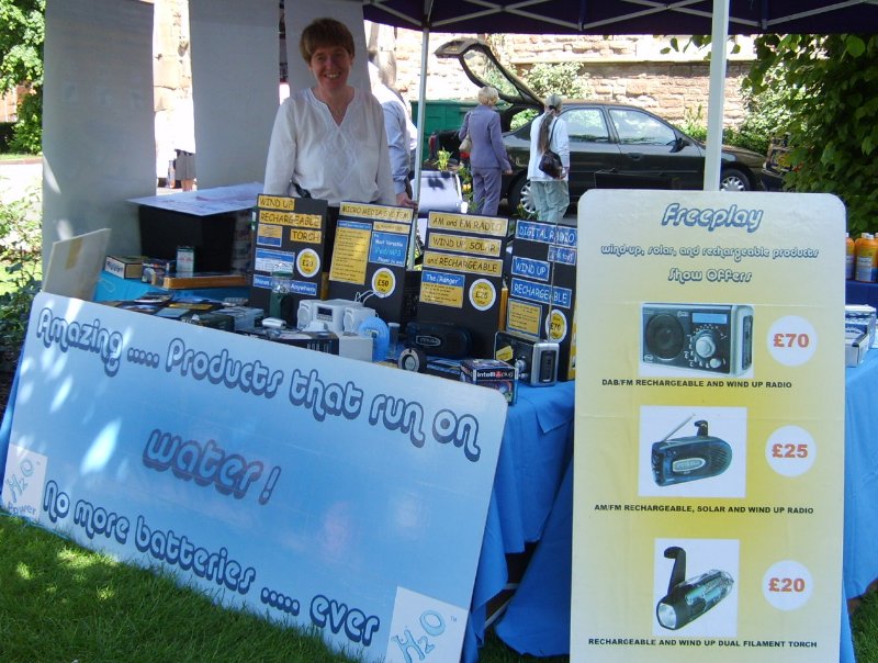 Wind-up radios, water powered clocks, solar chargers etc