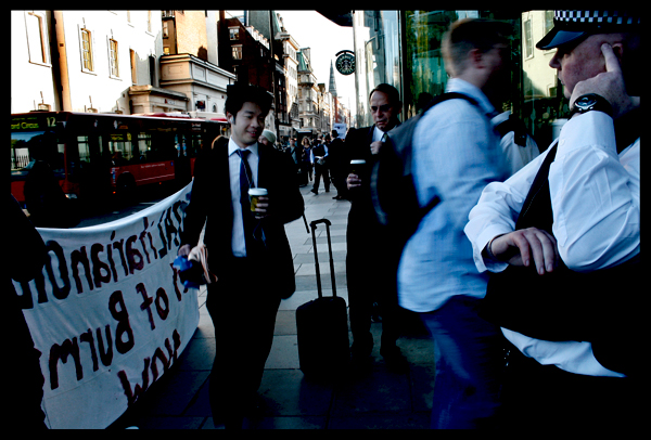 Office workers making their way inside