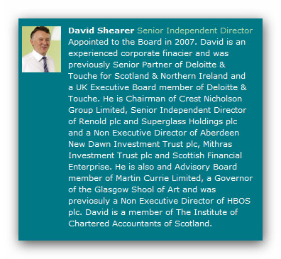 David Shearer SMG plc Chairman of Crest Nicholson Ex Director of HBOS plc