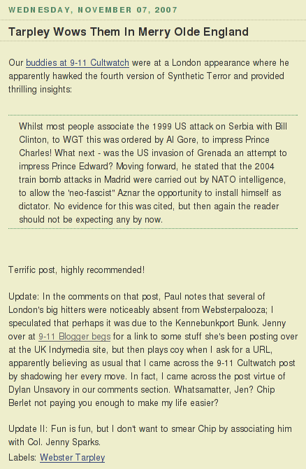 Screw Loose Change on 911 Cultwatch's coverage of Webster Tarpley