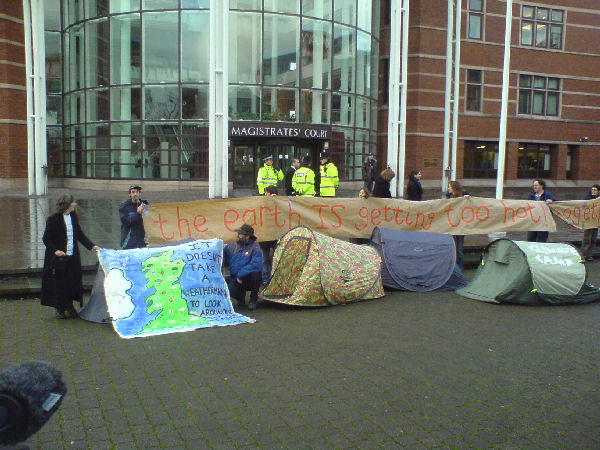 Climate camp set up outside court