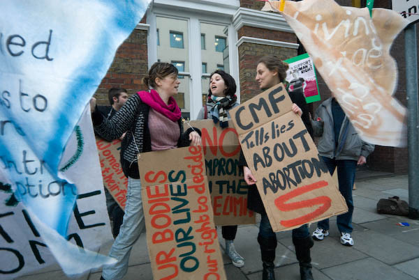 Demonstrators with placards