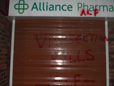 UK: ANTI-HLS SLOGANS PAINTED ON PHARMACY