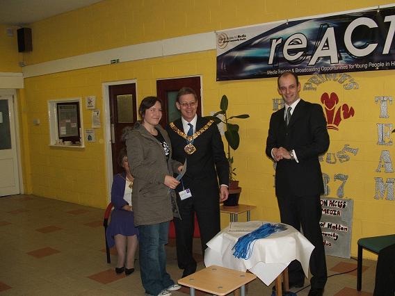 Joanna Hughes, Forum Co-ordinator, with Mayor and Pete Muldoon