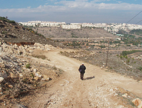 Abed Rabo on his way to his land, an Israeli settlement sits at the background