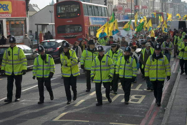 Police at the head of the march