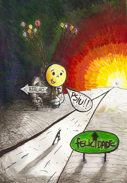 Green plaque:"happiness"/ devils plaque:"short cut"