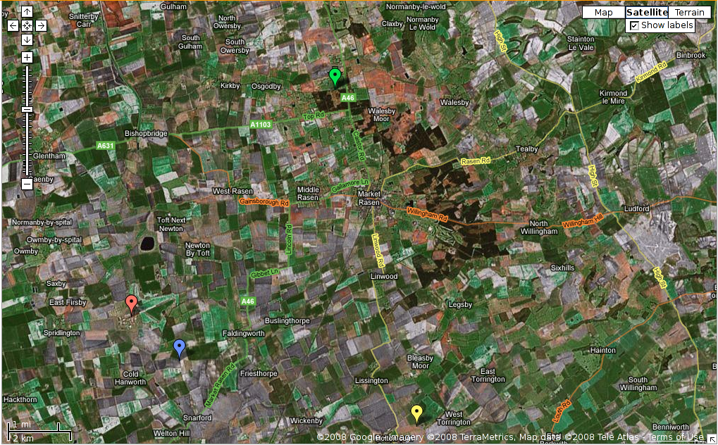 Map: Red - Faldingworth air-base, Blue - EMSC, Green - BGS, Yellow - USGS