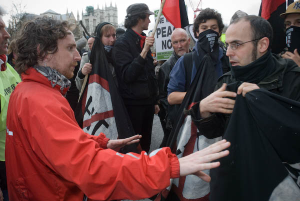 Steward remonstrates with FITwatch at Westminster