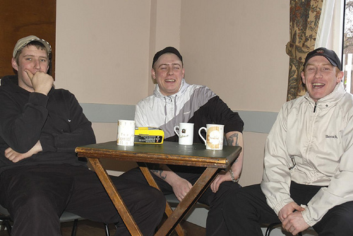 The lads have a break from shifting furniture