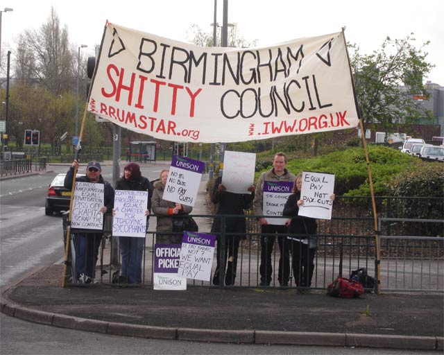 Strikers at street protest on main arterial road into Brum