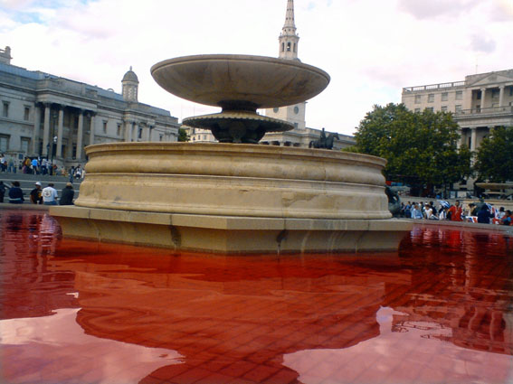 Fountain dyed red to represent blood of Palestinians who died during occupation