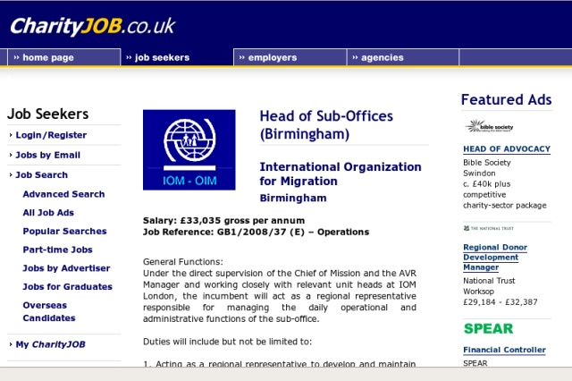 screen shot of a job ad for the head of Birmingham sub-office vacancy