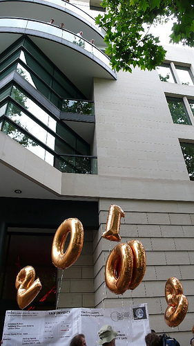 outside KKR's headquarters, with people looking down from balcony