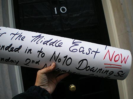 Handing in the petition to Downing Street.