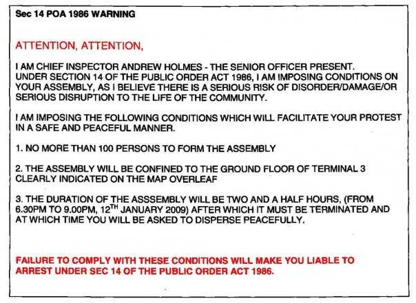 A copy of one of the slips that police were handing out to the demonstrators
