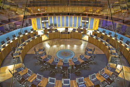 The National Assembly for Wales debating chamber on a busy day